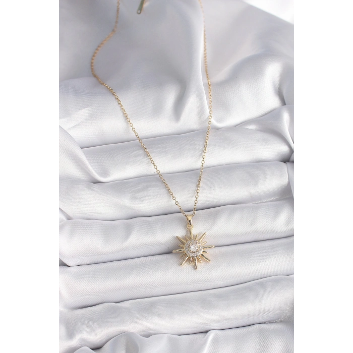 316L Çelik Gold Renk Zincir Zirkon Taşlı Güneş Model Kadın Kolye
