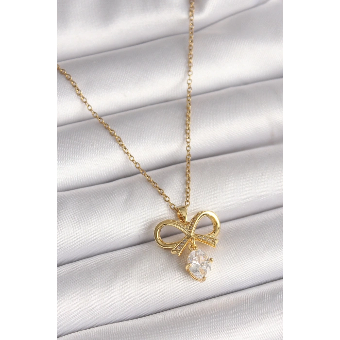 316L Çelik Gold Renk Zincir Zirkon Taşlı Kurdele Model Kadın Kolye - Lisinya