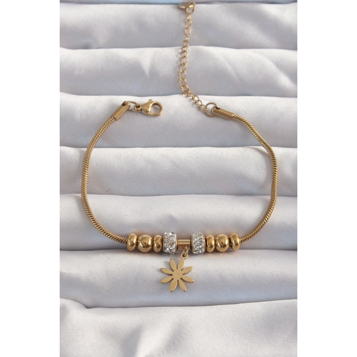 316L Çelik Gold Renk Zirkon Taş Aksesuarlı Çiçek Bileklik - Lisinya