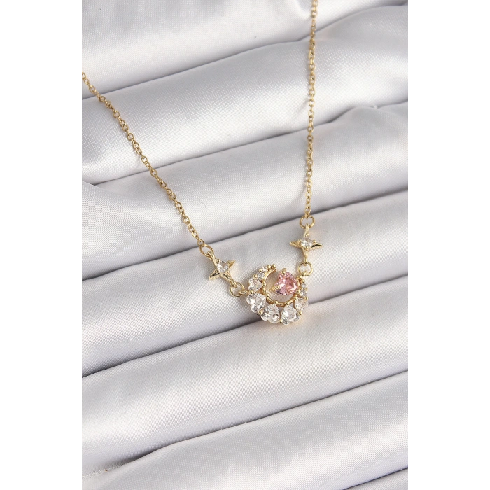 316L Çelik Gold Renk Zirkon Taşlı Hilal Pembe Kalp Model Kadın Kolye - Lisinya