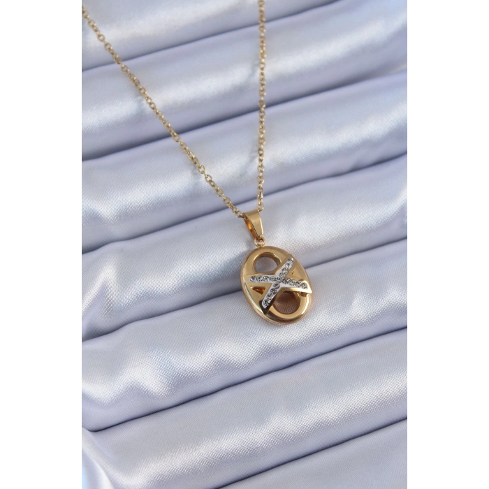 316L Çelik Gold Renk Zirkon Taşlı Kadın Kolye - Lisinya