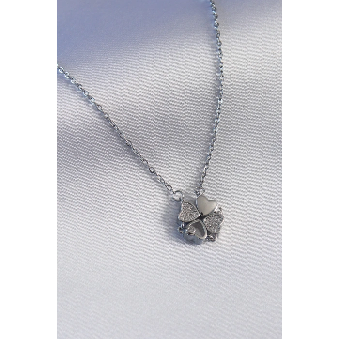 316L Çelik Gümüş Renk Açılır Zirkon Taşlı Yonca Model Kadın Kolye - Lisinya