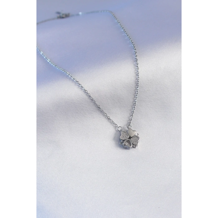 316L Çelik Gümüş Renk Açılır Zirkon Taşlı Yonca Model Kadın Kolye - Lisinya