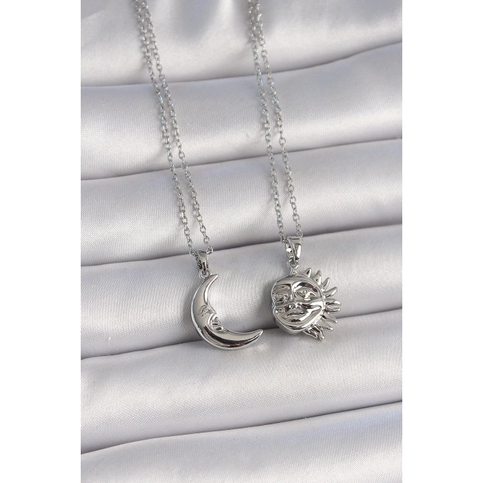316L Çelik Gümüş Renk Ay Güneş Model Arkadaşlık Kadın Kolye - Lisinya