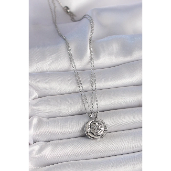 316L Çelik Gümüş Renk Ay Güneş Model Arkadaşlık Kadın Kolye - Lisinya