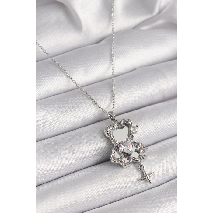 316L Çelik Gümüş Renk Ayna Ayıcık Model Zirkon Taşlı Kalp Detay Kadın Kolye - Lisinya