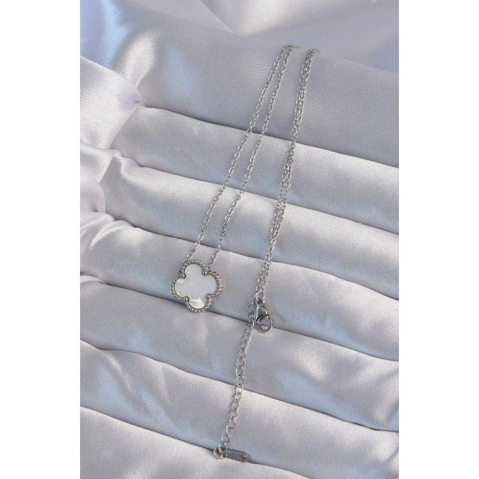 316L Çelik Gümüş Renk Beyaz Sedefli Yonca Kolye