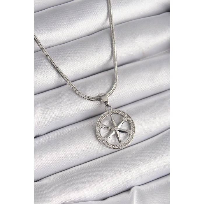 316L Çelik Gümüş Renk İtalyan Zincir Zirkon Taşlı Kutup Yıldız Model Kadın Kolye - Lisinya