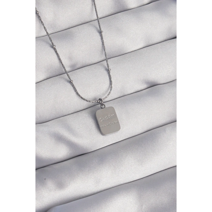 316L Çelik Gümüş Renk Kare Charm Model Kolye - Lisinya