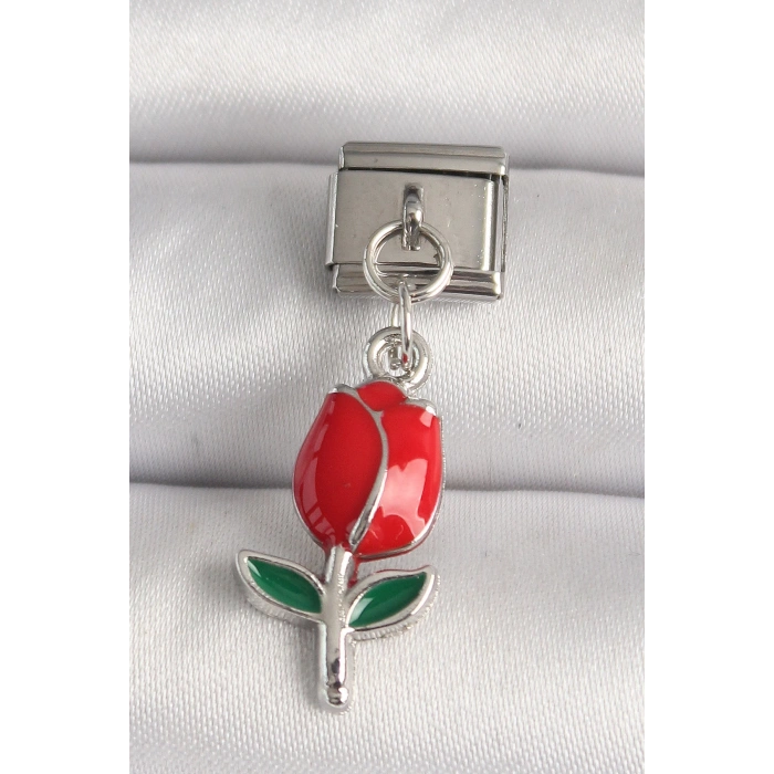 316L Çelik Gümüş Renk Kırmızı Gül Model Nomination Charm - Lisinya