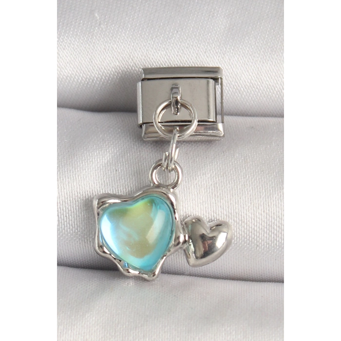316L Çelik Gümüş Renk Mavi Mineli Kalp Model Nomination Charm - Lisinya
