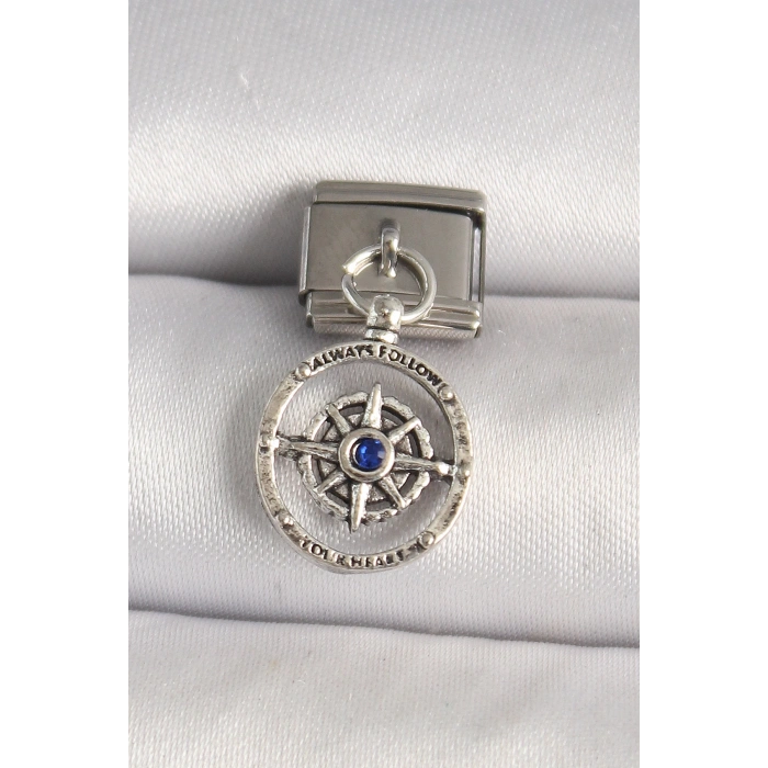 316L Çelik Gümüş Renk Mavi Taş Detaylı Pusula Model Nomination Charm