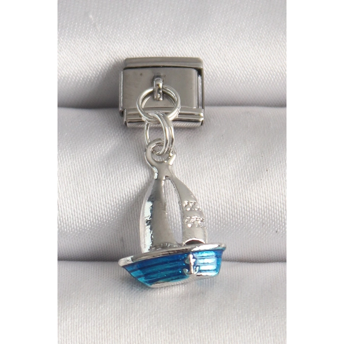 316L Çelik Gümüş Renk Mavi Yelkenli Model Nomination Charm