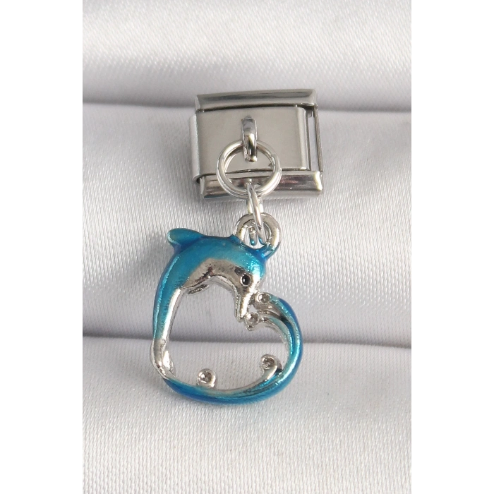 316L Çelik Gümüş Renk Mavi Yunus Model Nomination Charm