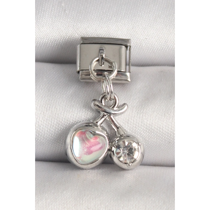 316L Çelik Gümüş Renk Pembe Mineli Kalp Zirkon Taş Detay Nomination Charm - Lisinya