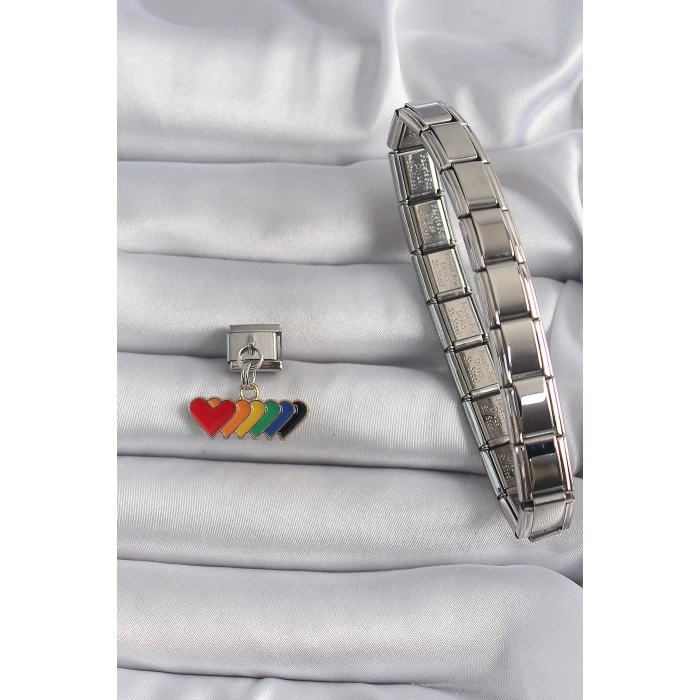 316L Çelik Gümüş Renk Renkli Sallantı Kalp Model Nomination Charm - Lisinya