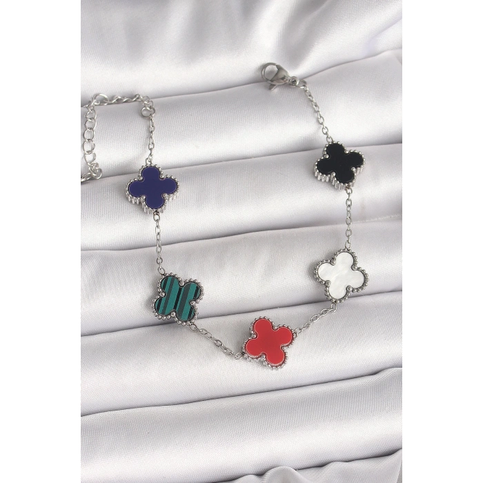 316L Çelik Gümüş Renk Renkli Yonca Model Kadın Bileklik