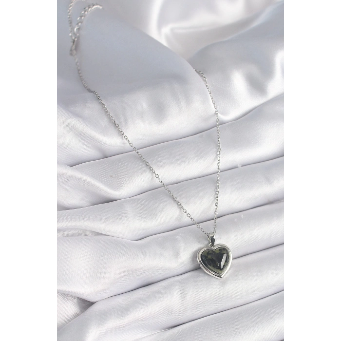 316L Çelik Gümüş Renk Yeşil Mineli Kalp Model Kadın Kolye - Lisinya