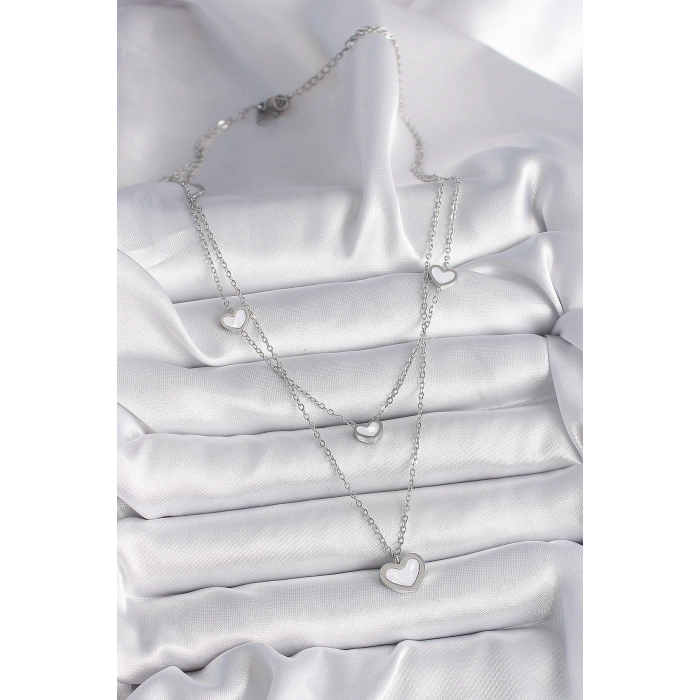 316L Çelik Gümüş Renk Zincir 2Li Zincir Kalp Model Kadın Kolye