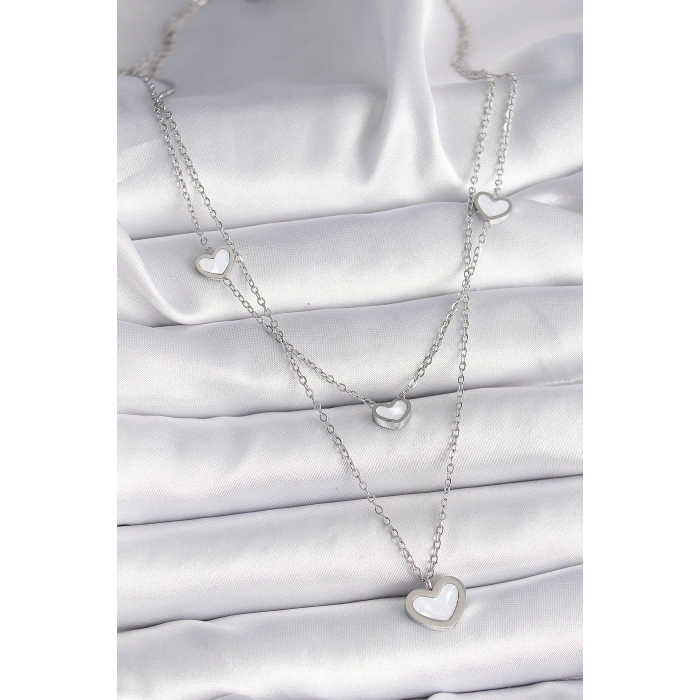 316L Çelik Gümüş Renk Zincir 2Li Zincir Kalp Model Kadın Kolye - Lisinya