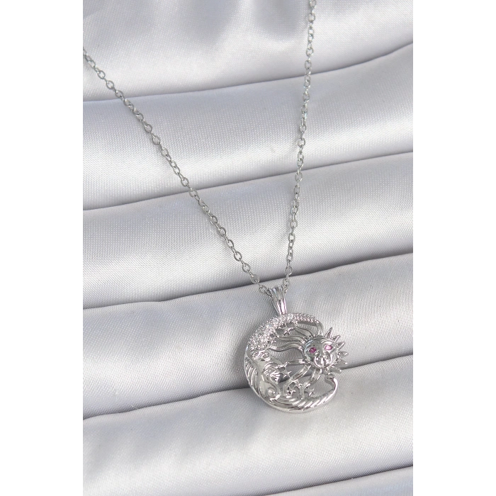 316L Çelik Gümüş Renk Zincir Ay Güneş Model Zirkon Taş Detay Kadın Kolye - Lisinya