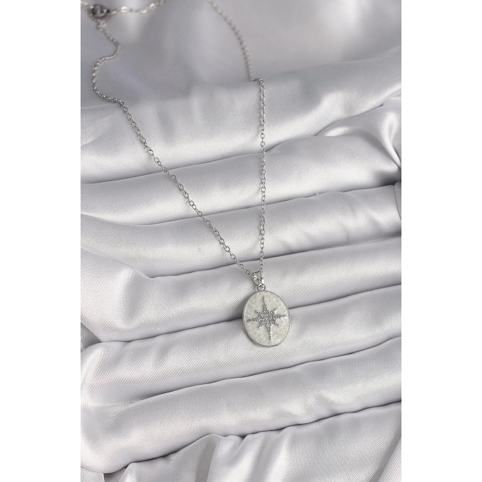 316L Çelik Gümüş Renk Zincir Beyaz Mineli Zirkon Taşlı Kutup Yıldız İşleme Kadın Kolye
