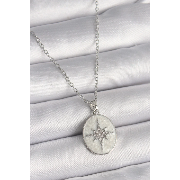 316L Çelik Gümüş Renk Zincir Beyaz Mineli Zirkon Taşlı Kutup Yıldız İşleme Kadın Kolye - Lisinya