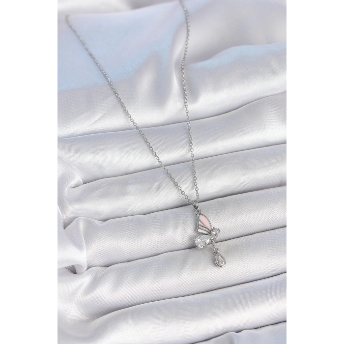 316L Çelik Gümüş Renk Zincir Damla Zirkon Taşlı Kelebek Model Sallantı Detay Kadın Kolye - Lisinya
