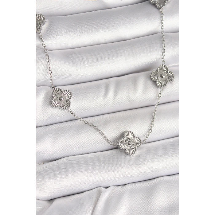 316L Çelik Gümüş Renk Zincir İşlemeli Yonca Model Kadın Kolye - Lisinya