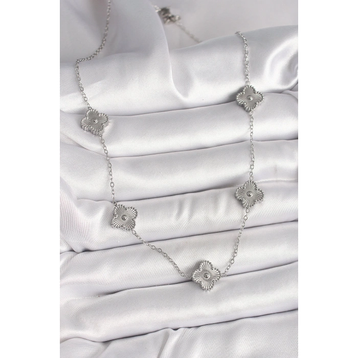 316L Çelik Gümüş Renk Zincir İşlemeli Yonca Model Kadın Kolye - Lisinya