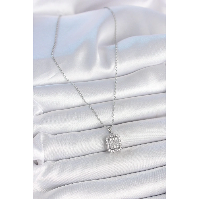 316L Çelik Gümüş Renk Zincir Kare Zirkon Taşlı Kadın Kolye - Lisinya