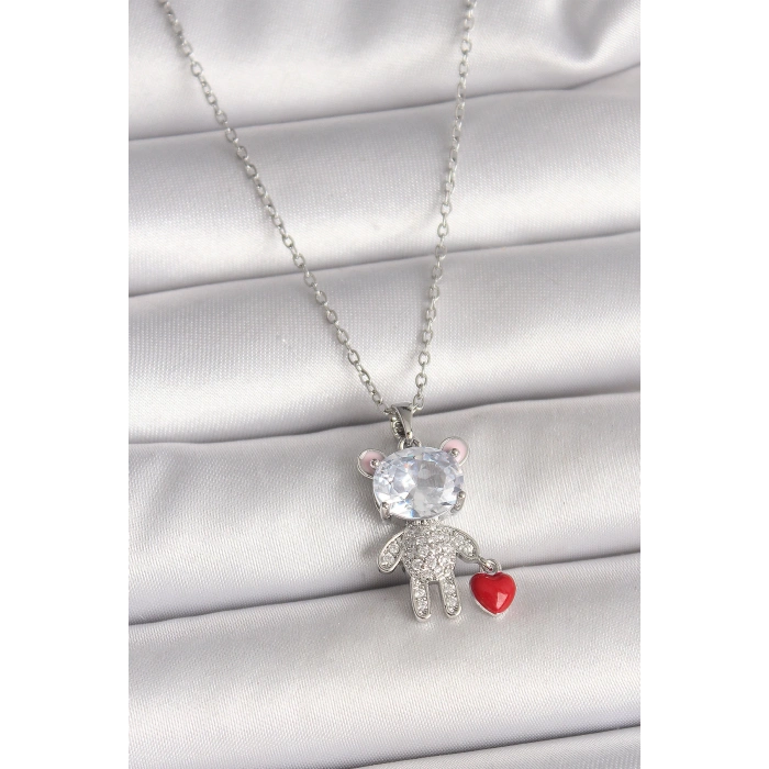 316L Çelik Gümüş Renk Zincir Zirkon Taşlı Ayıcık Model Kırmızı Kalp Detay Kadın Kolye - Lisinya
