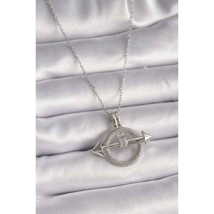 316L Çelik Gümüş Renk Zincir Zirkon Taşlı Halka Model Kadın Kolye - Lisinya