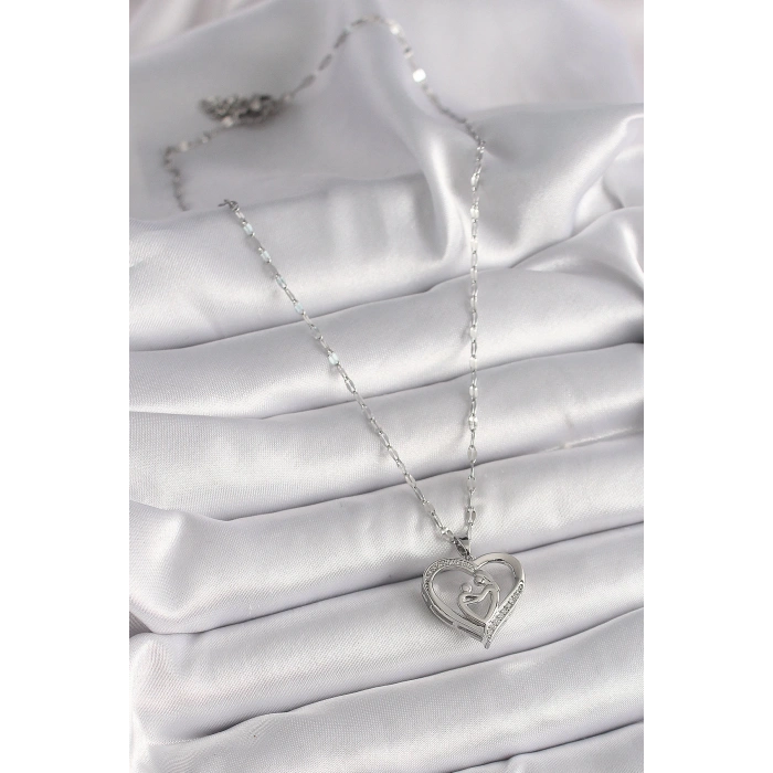 316L Çelik Gümüş Renk Zincir Zirkon Taşlı Kalp Anne Çocuk Figür Kadın Kolye - Lisinya