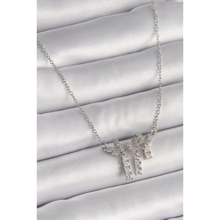 316L Çelik Gümüş Renk Zincir Zirkon Taşlı Kelebek Model Sallantı Detay Kadın Kolye - Lisinya