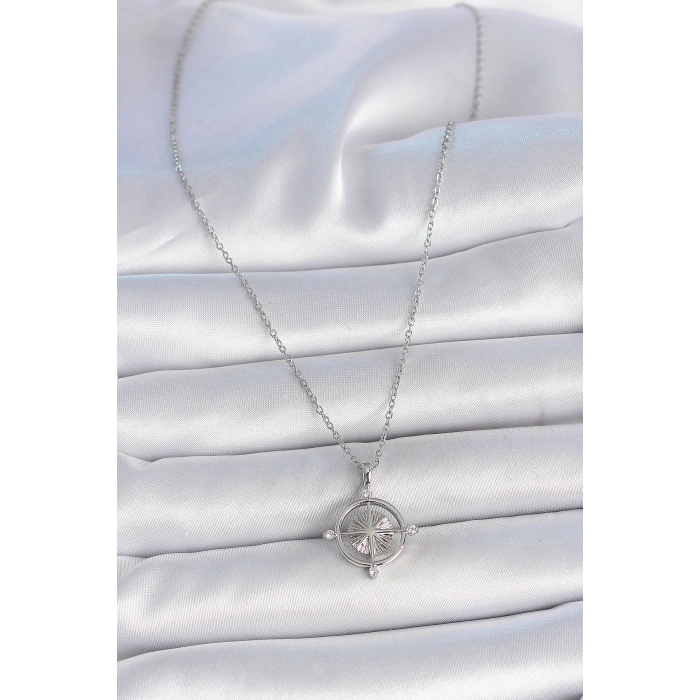 316L Çelik Gümüş Renk Zincir Zirkon Taşlı Pusula Model Kadın Kolye - Lisinya