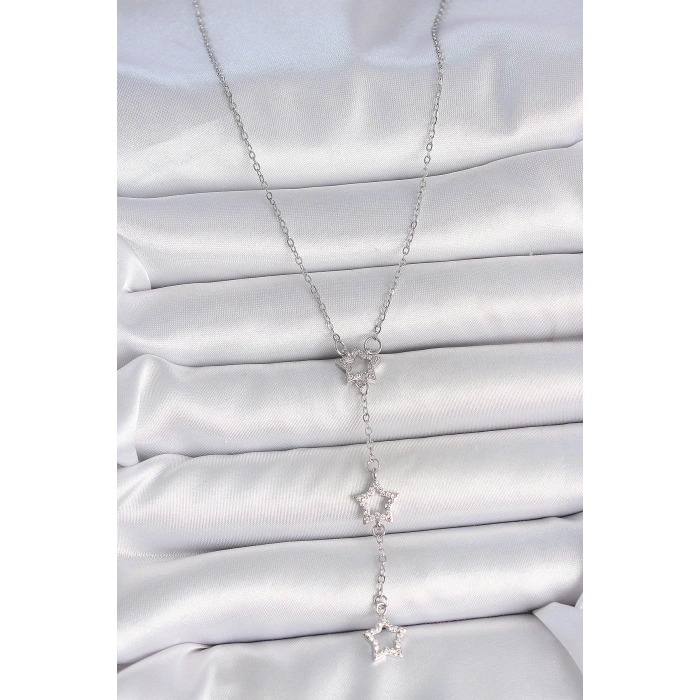 316L Çelik Gümüş Renk Zincir Zirkon Taşlı Yıldız Y Model Kadın Kolye - Lisinya