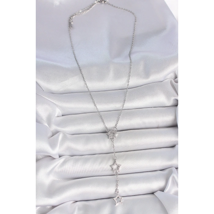 316L Çelik Gümüş Renk Zincir Zirkon Taşlı Yıldız Y Model Kadın Kolye - Lisinya