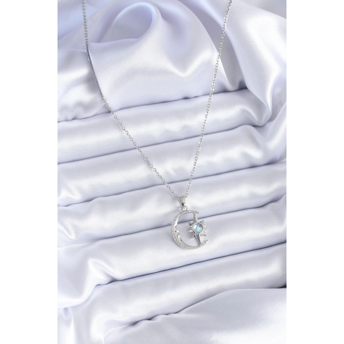 316L Çelik Gümüş Renk Zirkon Taşlı Ay Yıldız Model Kadın Kolye - Lisinya