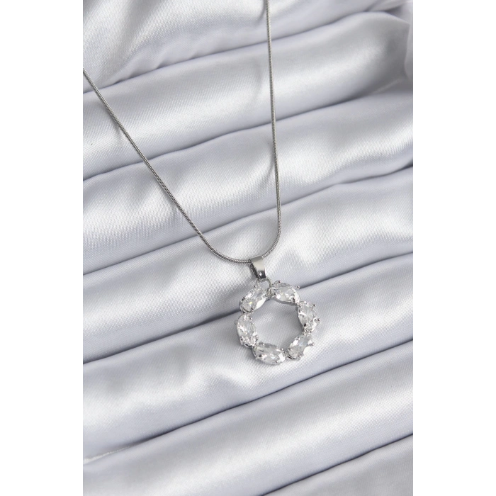 316L Çelik Gümüş Renk Zirkon Taşlı Kadın Kolye - Lisinya