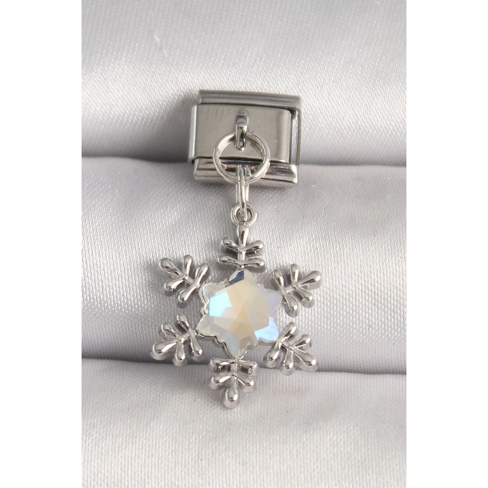 316L Çelik Gümüş Renk Zirkon Taşlı Kar Tanesi Model Nomination Charm