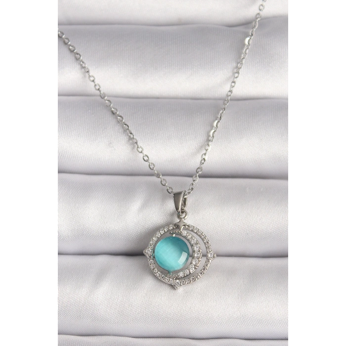 316L Çelik Gümüş Renk Zirkon Taşlı Mavi Sedefli Hilal Model Kadın Kolye - Lisinya