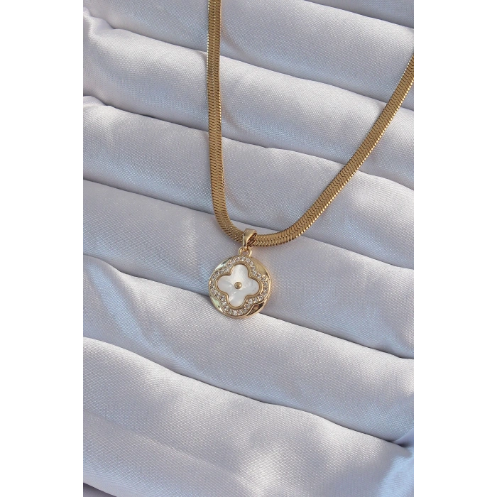 316L Çelik İtalyan Zincirli Gold Renk Zirkon Taşlı Sedefli Yonca Model Kolye