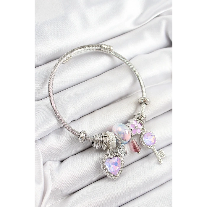 316L Çelik Pembe Zirkon Taşlı Yıldız Anahtar Ve Kalp Model Gümüş Renk Charm Bileklik