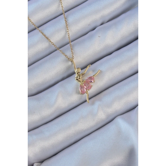316L Çelik Zincir Altın Renk Pembe Zirkon Taşlı Balerin Kolye