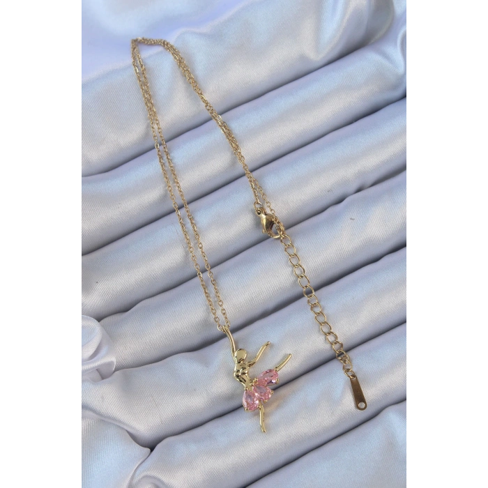 316L Çelik Zincir Altın Renk Pembe Zirkon Taşlı Balerin Kolye