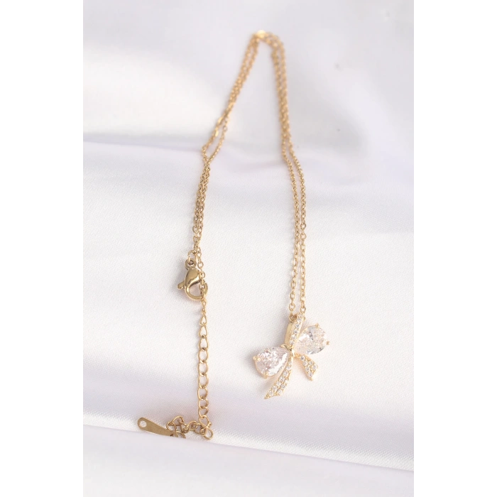 316L Çelik Zincir Altın Renk Zirkon Taşlı Fiyonk Kolye - Lisinya