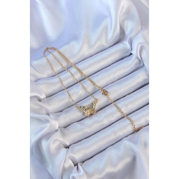 316L Çelik Zincir Altın Renk Zirkon Taşlı Nazarlı Kelebek Kolye