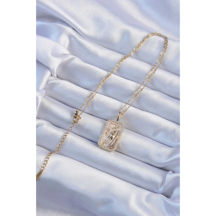 316L Çelik Zincir Altın Renk Zirkon Taşlı Yüz Figürlü Tarot Kolye - Lisinya