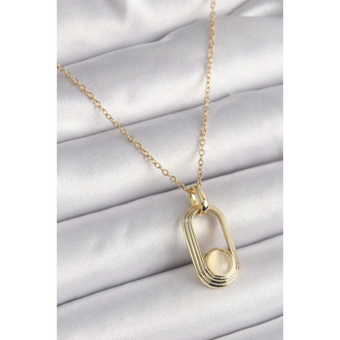 316L Çelik Zincir Gold Renk Beyaz Kedi Göz Model Kadın Kolye